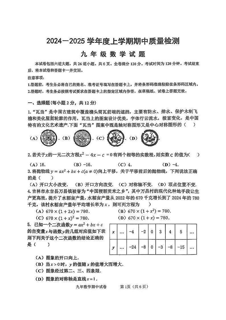 吉林省吉林市博达中学2024-2025学年+上学期期中质量检测九年级数学试题第1页
