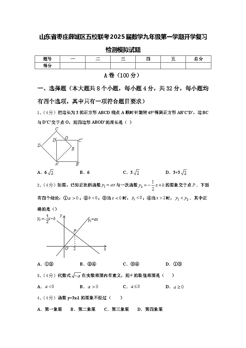 山东省枣庄薛城区五校联考2025届数学九年级第一学期开学复习检测模拟试题【含答案】第1页