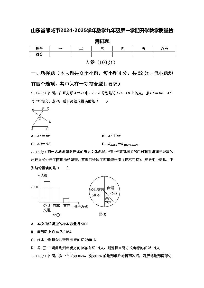山东省邹城市2024-2025学年数学九年级第一学期开学教学质量检测试题【含答案】第1页