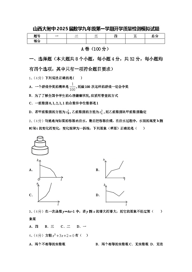 山西大附中2025届数学九年级第一学期开学质量检测模拟试题【含答案】第1页
