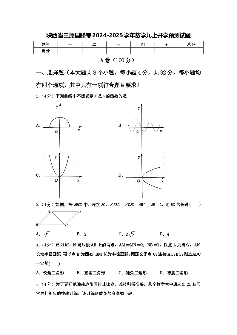 陕西省三原县联考2024-2025学年数学九上开学预测试题【含答案】01