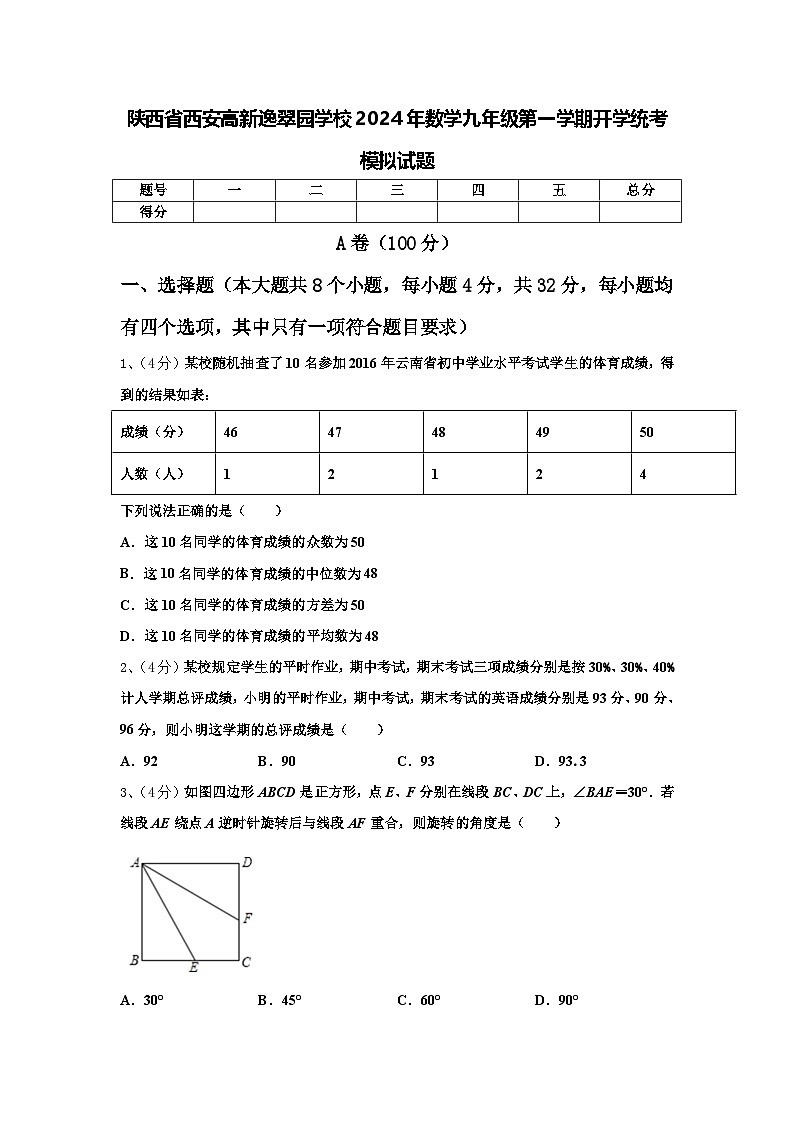 陕西省西安高新逸翠园学校2024年数学九年级第一学期开学统考模拟试题【含答案】第1页