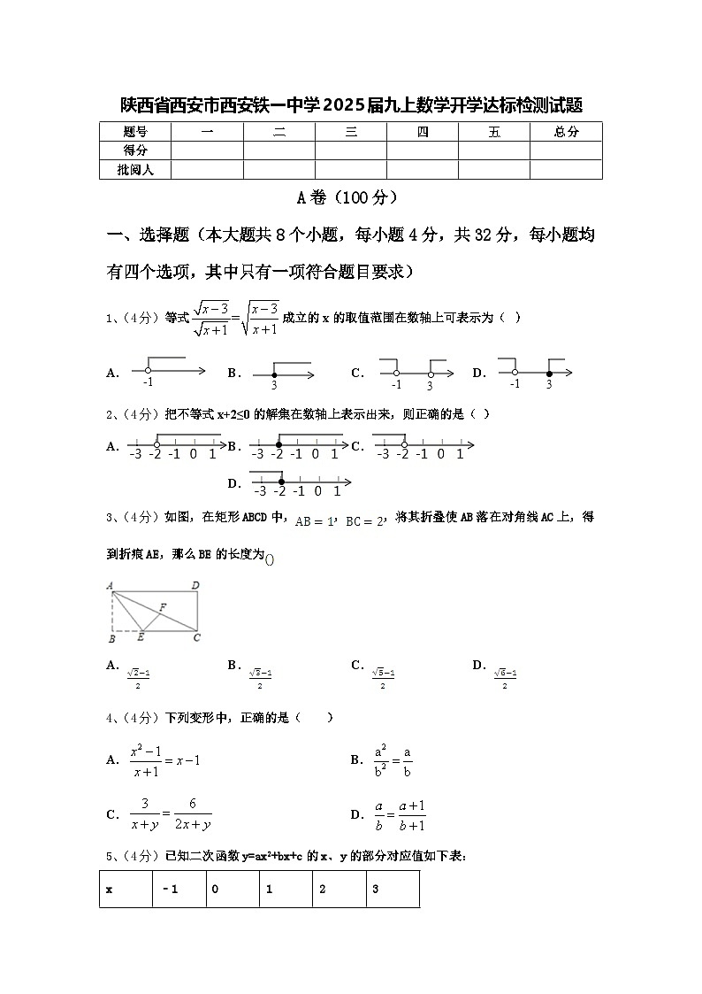 陕西省西安市西安铁一中学2025届九上数学开学达标检测试题【含答案】第1页