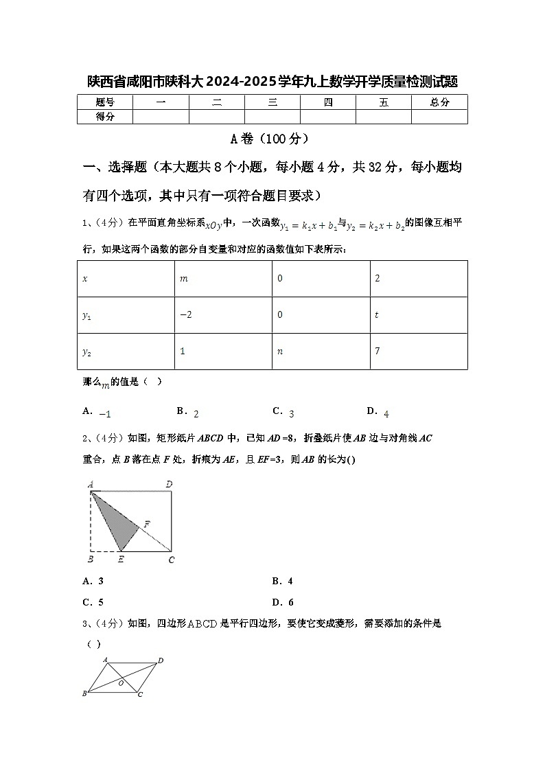 陕西省咸阳市陕科大2024-2025学年九上数学开学质量检测试题【含答案】第1页