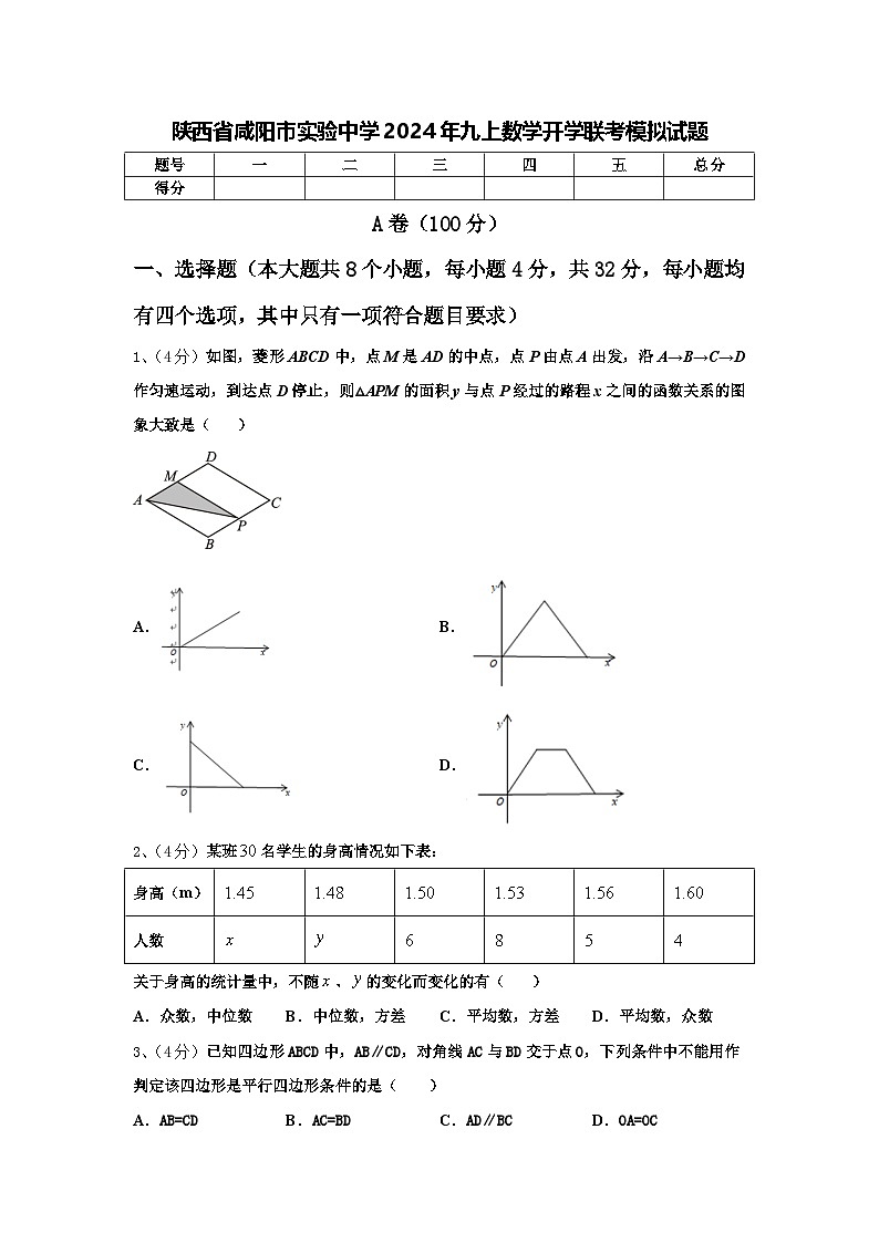 陕西省咸阳市实验中学2024年九上数学开学联考模拟试题【含答案】第1页