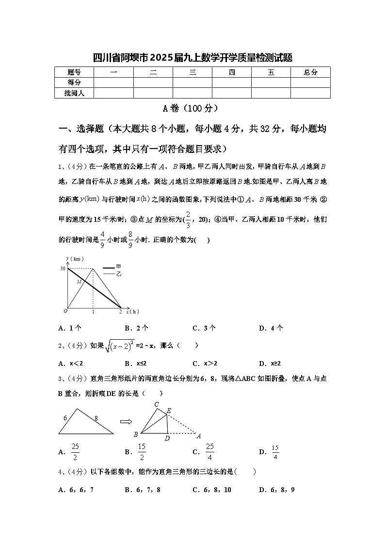 四川省阿坝市2025届九上数学开学质量检测试题【含答案】01
