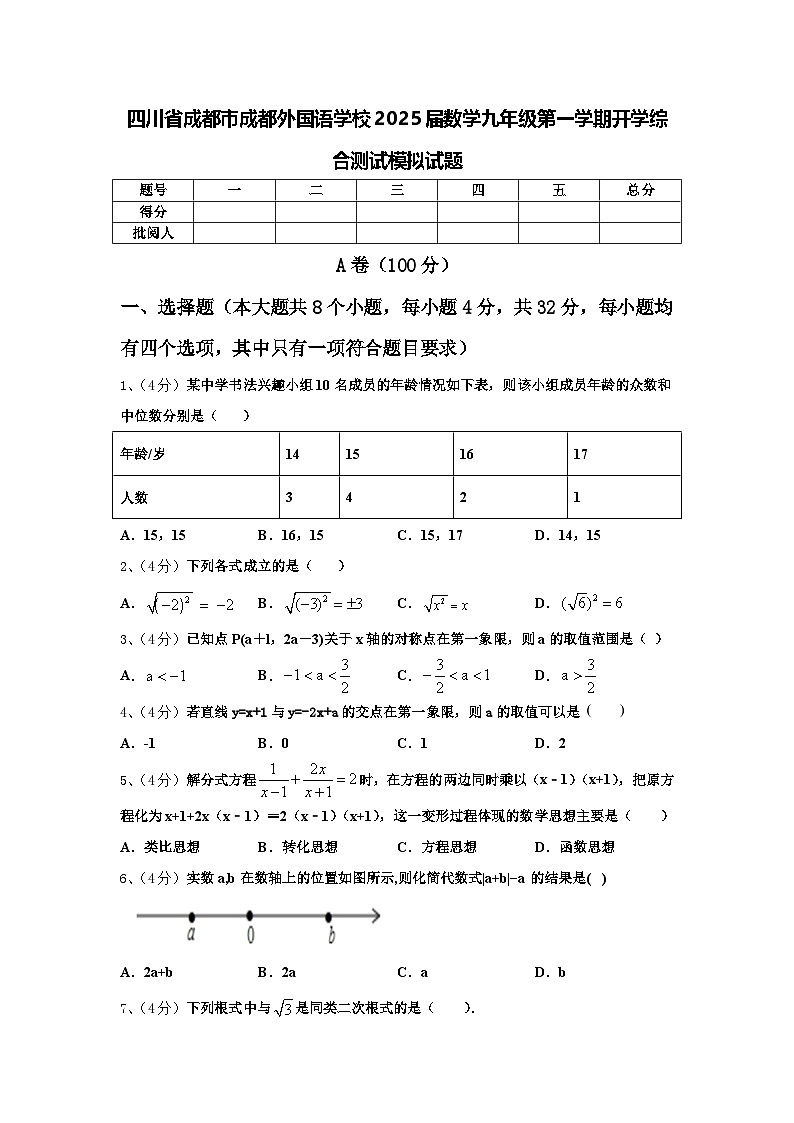四川省成都市成都外国语学校2025届数学九年级第一学期开学综合测试模拟试题【含答案】01