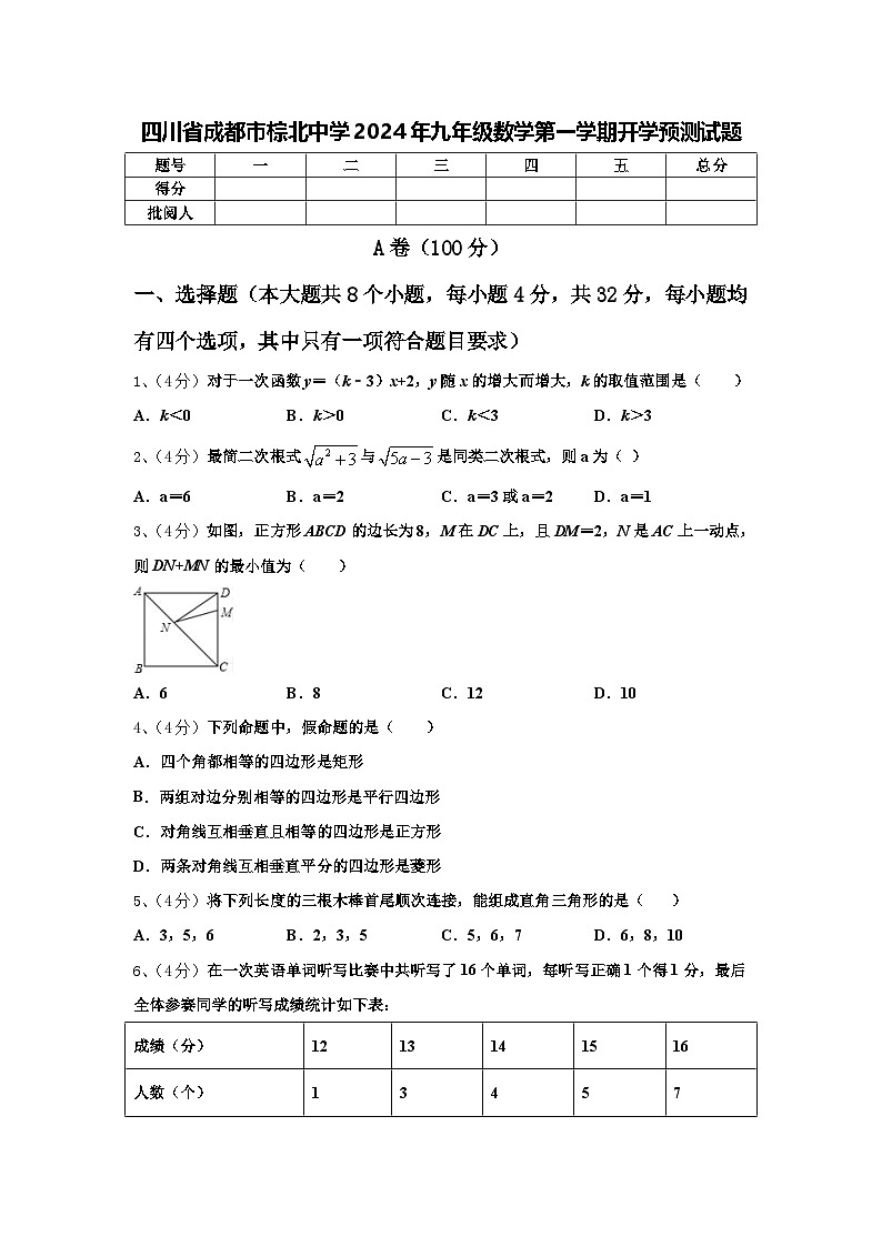 四川省成都市棕北中学2024年九年级数学第一学期开学预测试题【含答案】第1页