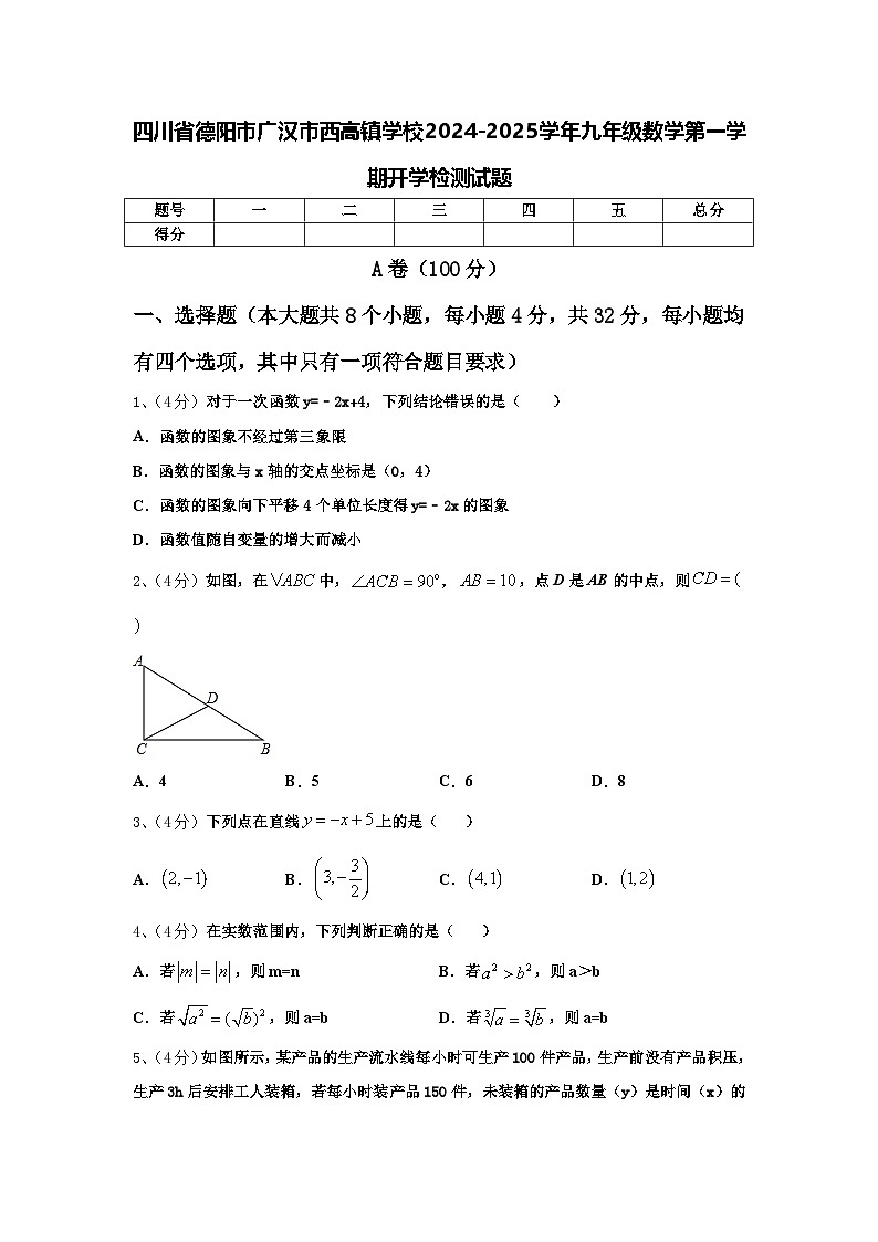 四川省德阳市广汉市西高镇学校2024-2025学年九年级数学第一学期开学检测试题【含答案】01