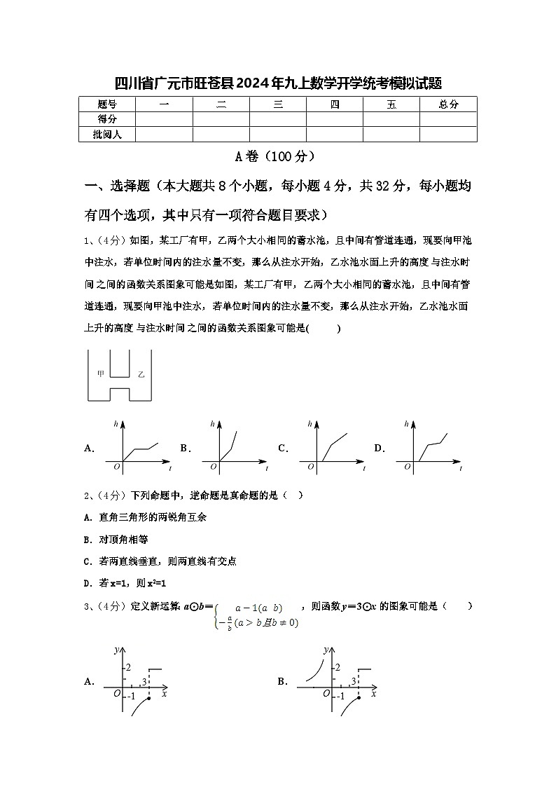 四川省广元市旺苍县2024年九上数学开学统考模拟试题【含答案】01