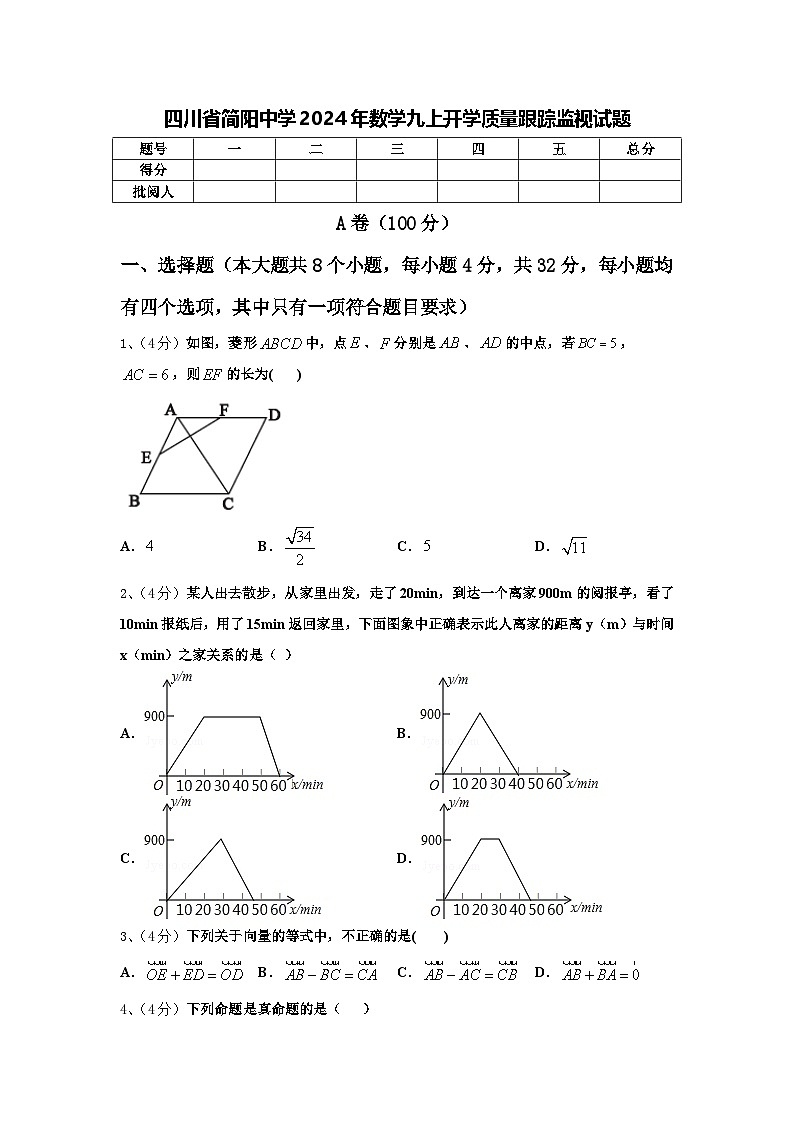 四川省简阳中学2024年数学九上开学质量跟踪监视试题【含答案】01
