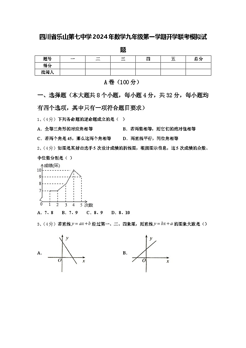 四川省乐山第七中学2024年数学九年级第一学期开学联考模拟试题【含答案】01