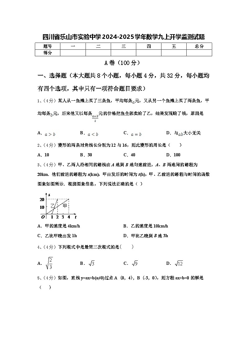 四川省乐山市实验中学2024-2025学年数学九上开学监测试题【含答案】第1页