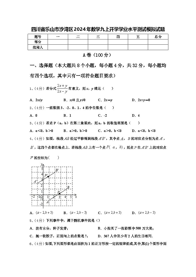 四川省乐山市沙湾区2024年数学九上开学学业水平测试模拟试题【含答案】01