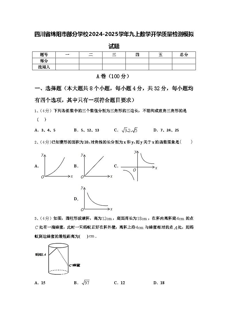 四川省绵阳市部分学校2024-2025学年九上数学开学质量检测模拟试题【含答案】第1页