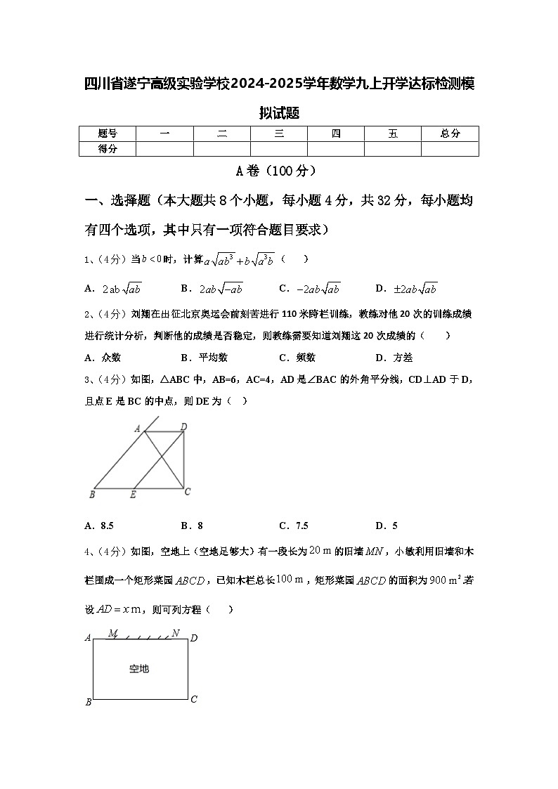 四川省遂宁高级实验学校2024-2025学年数学九上开学达标检测模拟试题【含答案】第1页