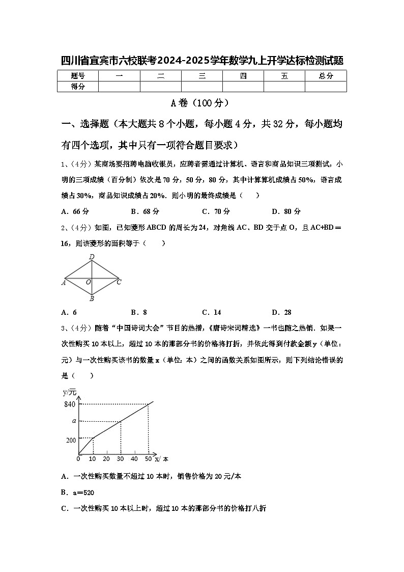 四川省宜宾市六校联考2024-2025学年数学九上开学达标检测试题【含答案】第1页