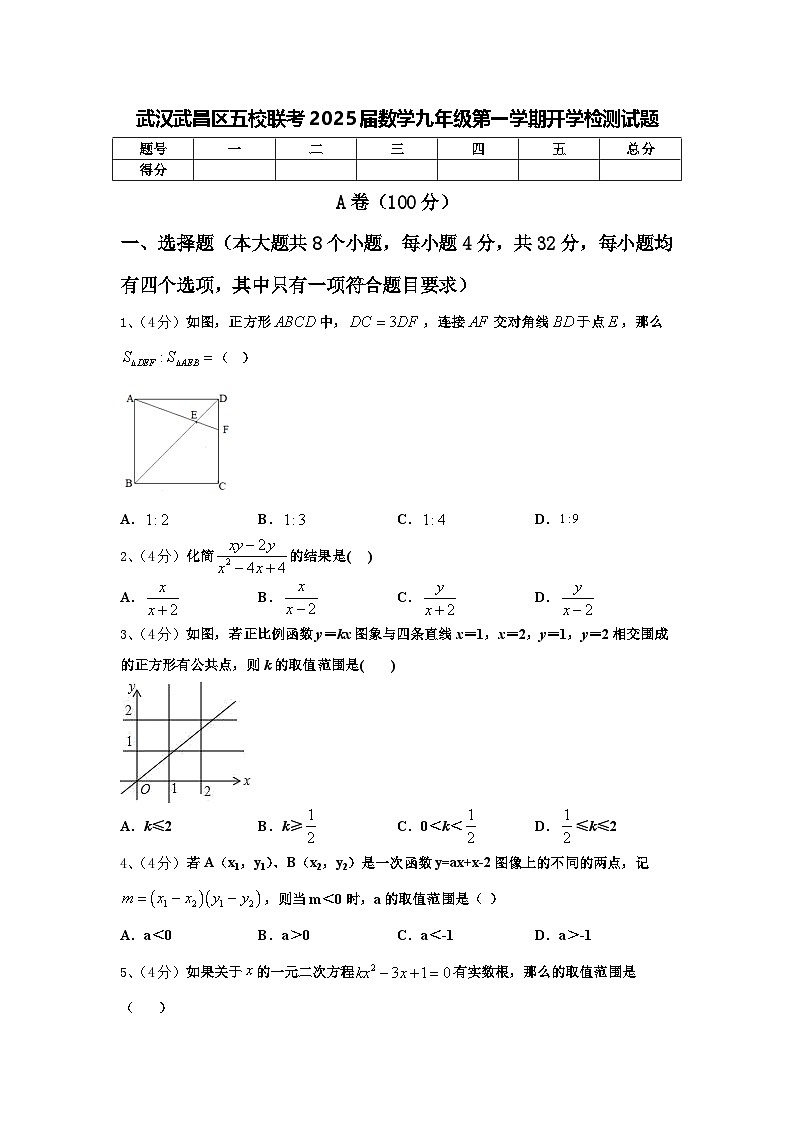 武汉武昌区五校联考2025届数学九年级第一学期开学检测试题【含答案】第1页