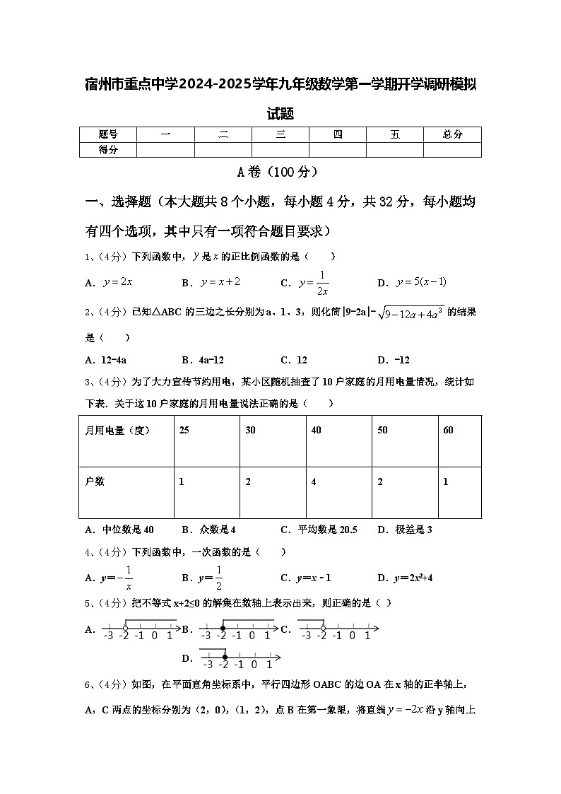 宿州市重点中学2024-2025学年九年级数学第一学期开学调研模拟试题【含答案】01