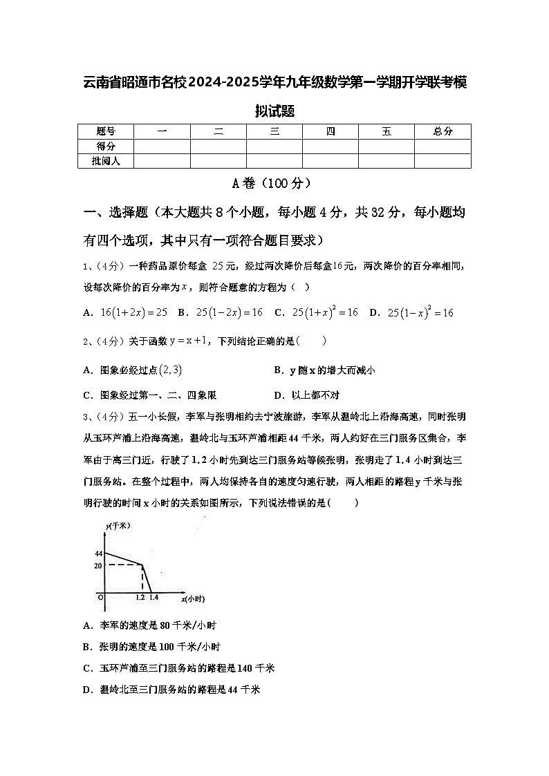 云南省昭通市名校2024-2025学年九年级数学第一学期开学联考模拟试题【含答案】01