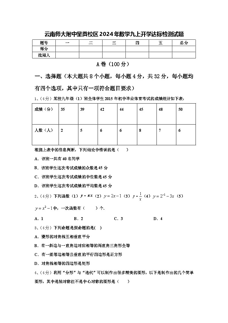 云南师大附中呈贡校区2024年数学九上开学达标检测试题【含答案】第1页