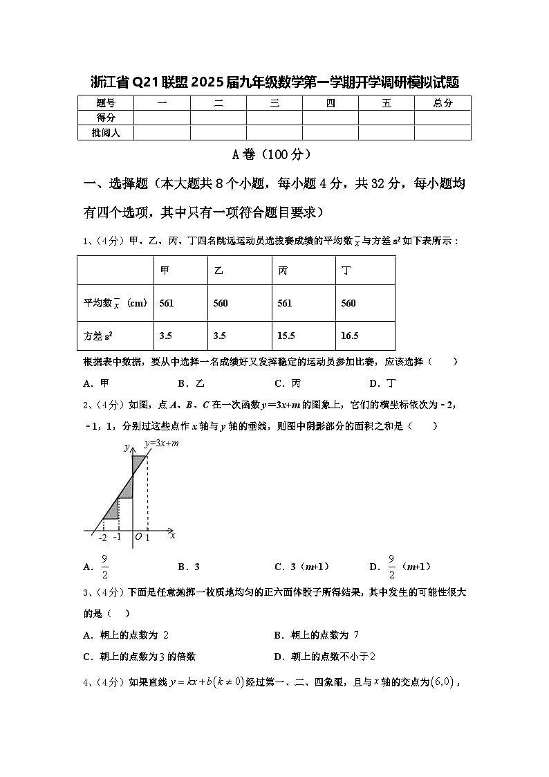 浙江省Q21联盟2025届九年级数学第一学期开学调研模拟试题【含答案】第1页