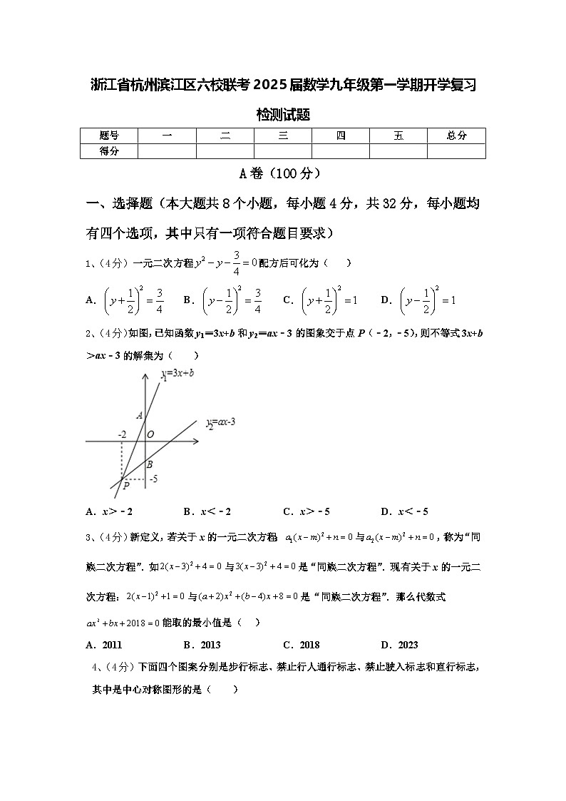 浙江省杭州滨江区六校联考2025届数学九年级第一学期开学复习检测试题【含答案】第1页