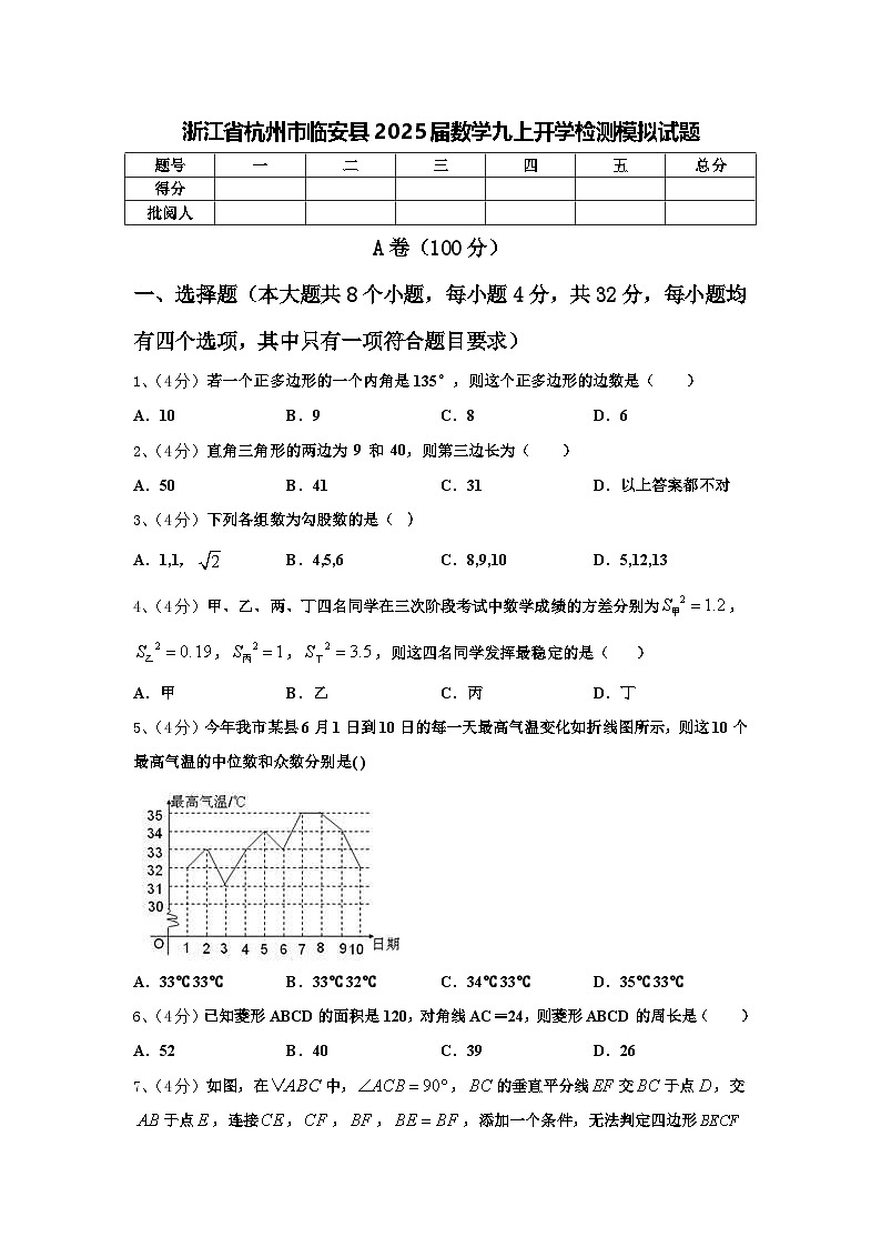 浙江省杭州市临安县2025届数学九上开学检测模拟试题【含答案】第1页
