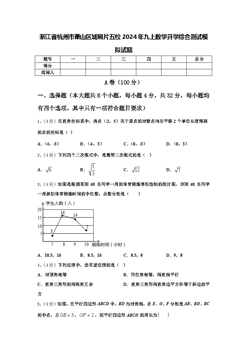 浙江省杭州市萧山区城厢片五校2024年九上数学开学综合测试模拟试题【含答案】01