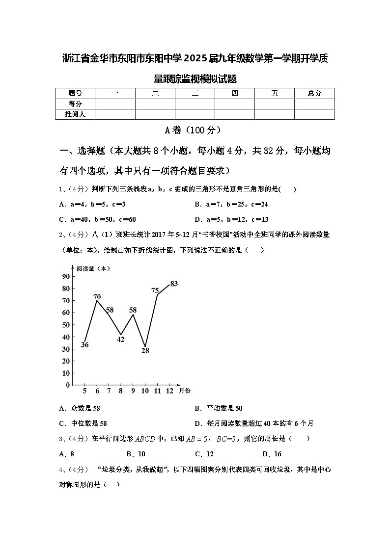 浙江省金华市东阳市东阳中学2025届九年级数学第一学期开学质量跟踪监视模拟试题【含答案】第1页