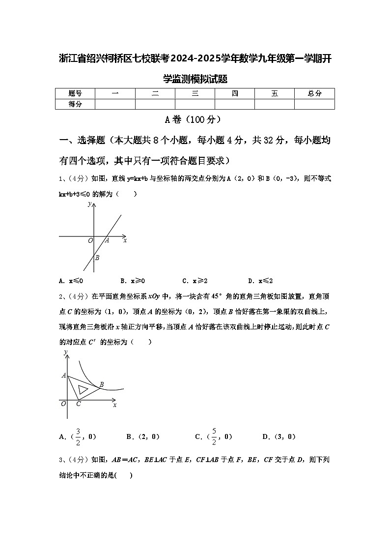 浙江省绍兴柯桥区七校联考2024-2025学年数学九年级第一学期开学监测模拟试题【含答案】第1页