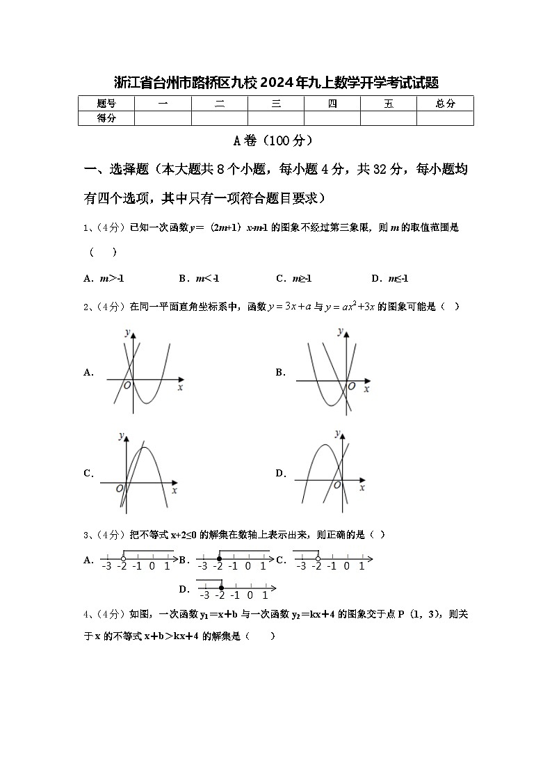 浙江省台州市路桥区九校2024年九上数学开学考试试题【含答案】第1页