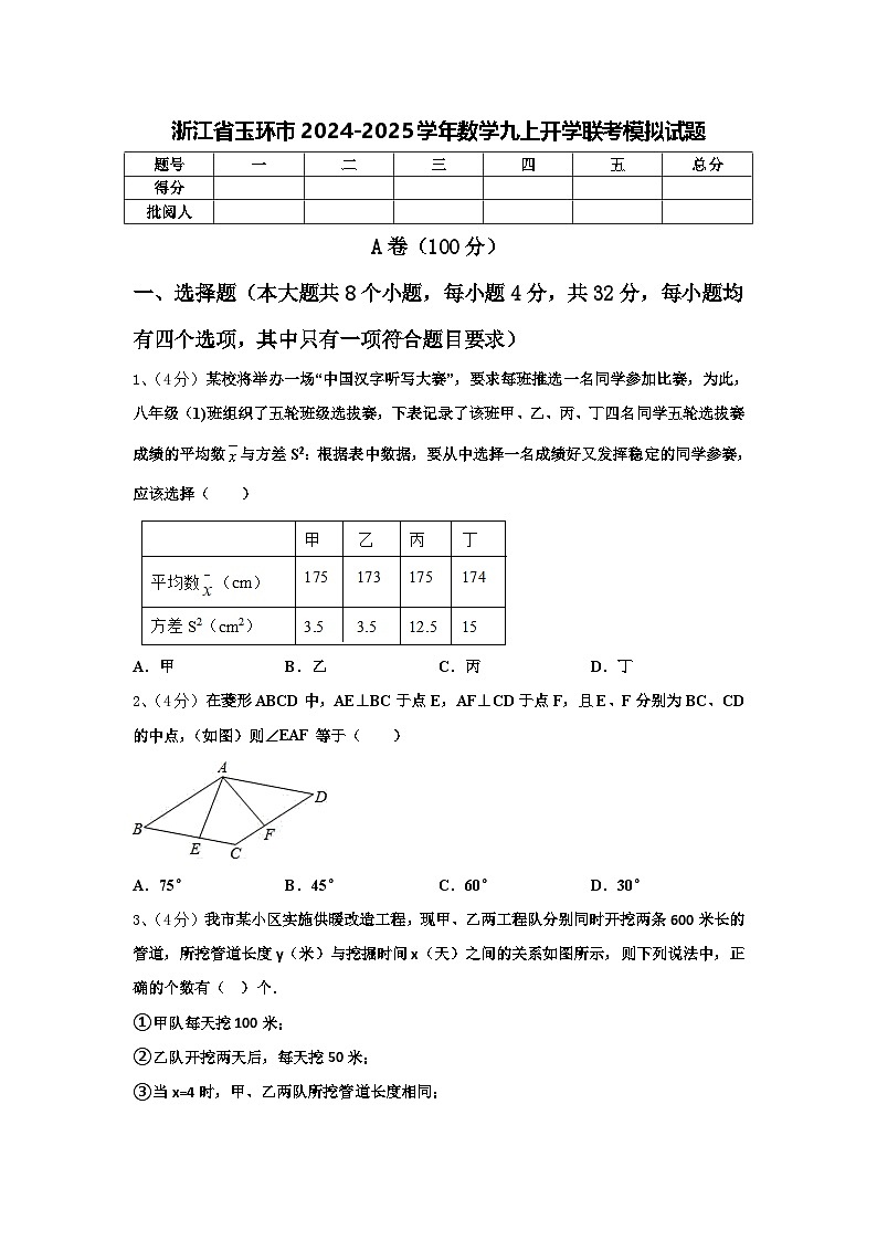 浙江省玉环市2024-2025学年数学九上开学联考模拟试题【含答案】01
