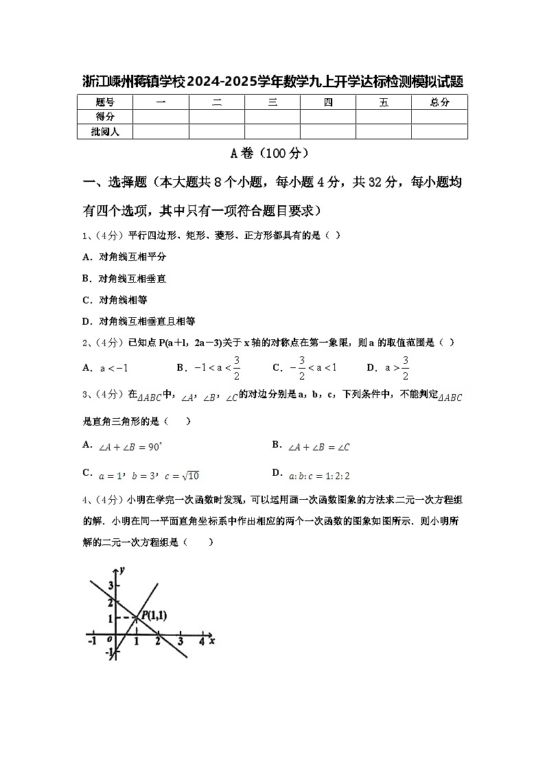 浙江嵊州蒋镇学校2024-2025学年数学九上开学达标检测模拟试题【含答案】第1页