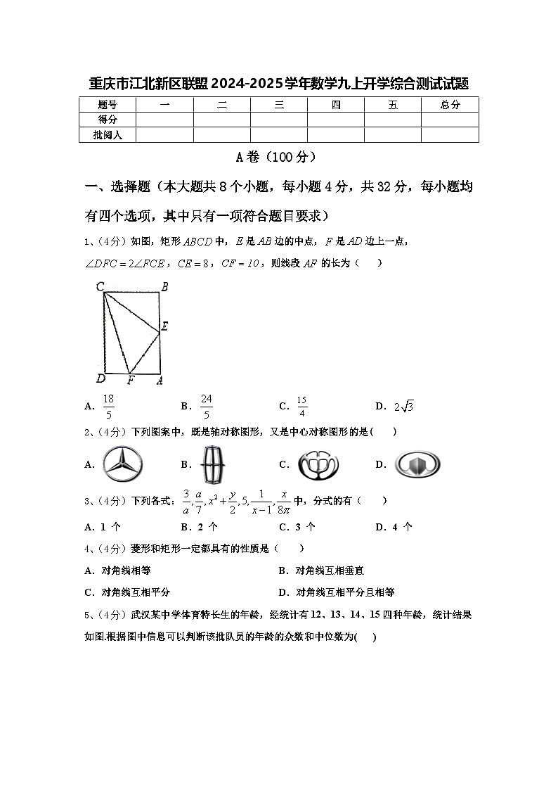 重庆市江北新区联盟2024-2025学年数学九上开学综合测试试题【含答案】01