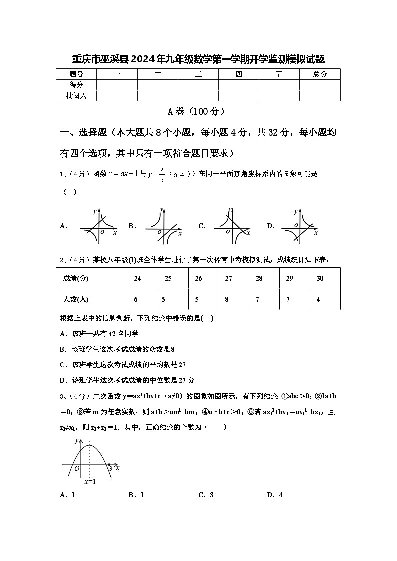 重庆市巫溪县2024年九年级数学第一学期开学监测模拟试题【含答案】第1页
