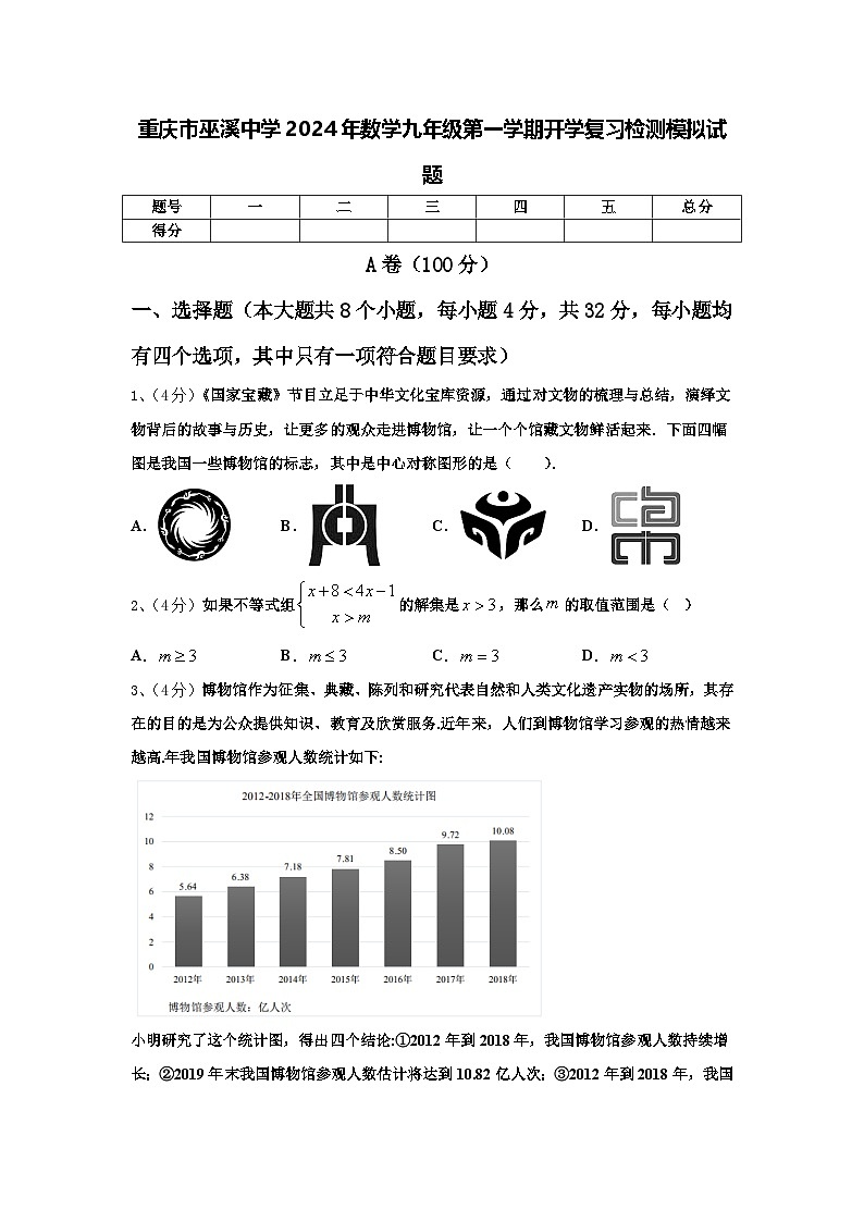 重庆市巫溪中学2024年数学九年级第一学期开学复习检测模拟试题【含答案】01