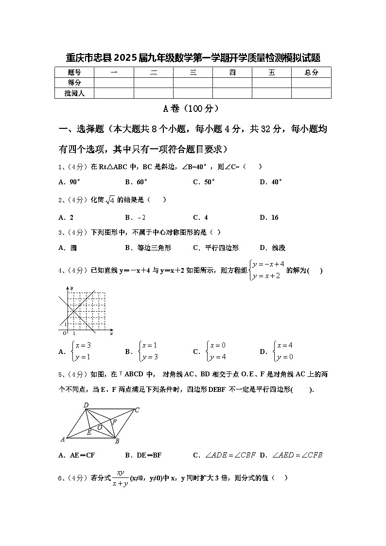 重庆市忠县2025届九年级数学第一学期开学质量检测模拟试题【含答案】01
