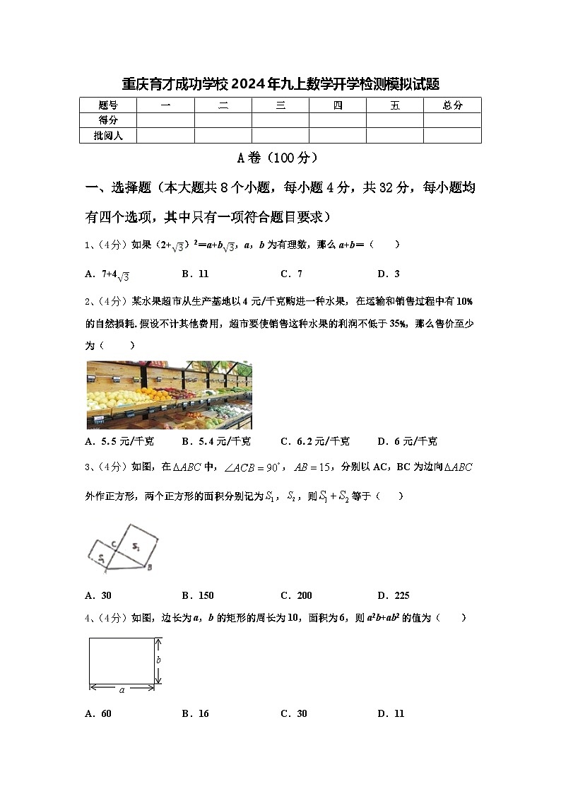 重庆育才成功学校2024年九上数学开学检测模拟试题【含答案】第1页