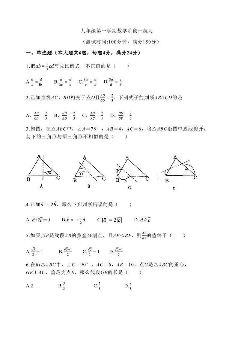 上海市民办嘉宜初级中学2023-2024学年九年级上学期第一次月考数学试卷第1页