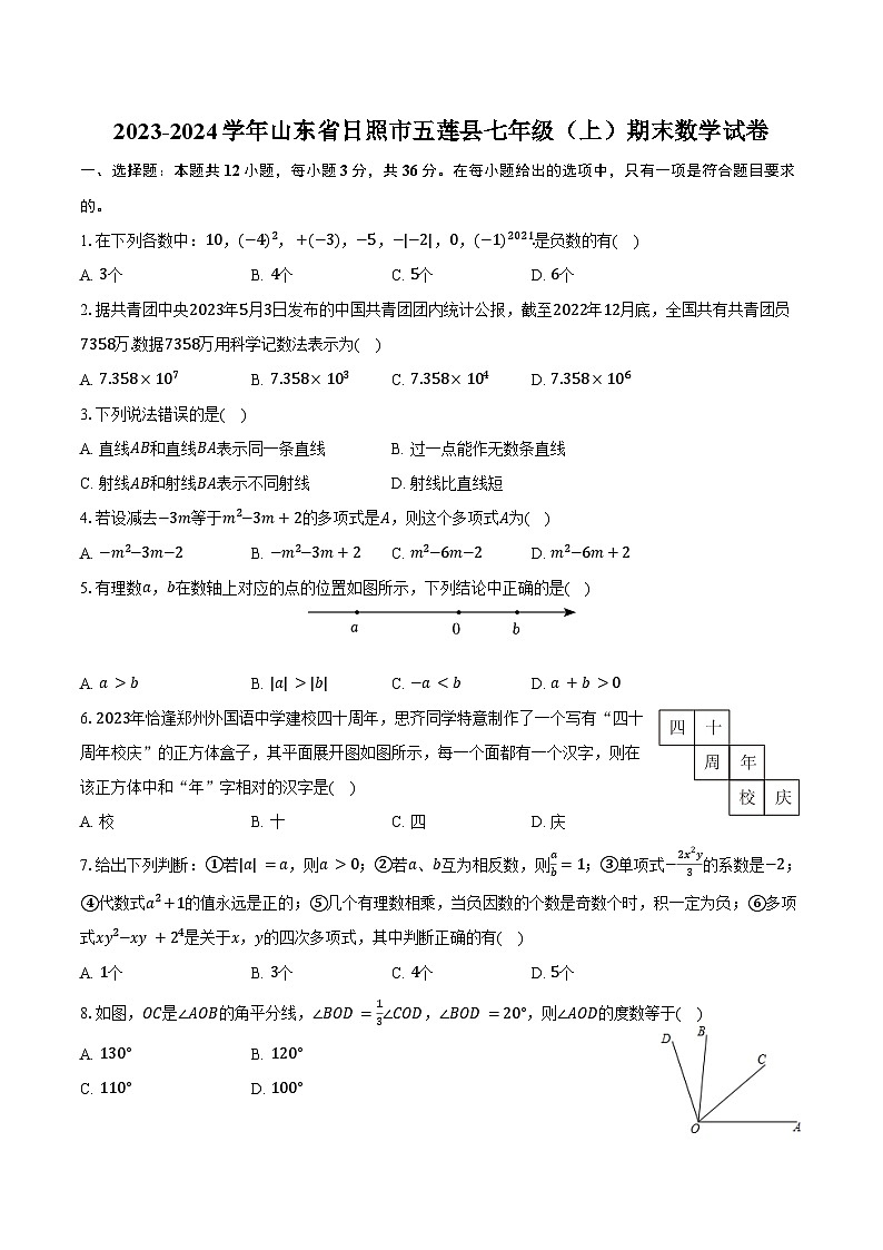 2023-2024学年山东省日照市五莲县七年级（上）期末数学试卷（含答案）01