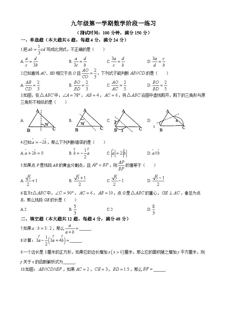 上海市民办嘉宜初级中学2023-2024学年九年级上学期第一次月考数学试卷(无答案)第1页