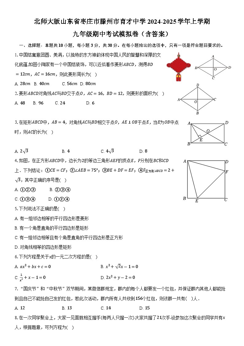 山东省枣庄市滕州市滕州育才中学2024-2025学年九年级上学期北师大版数学期中考试模拟卷01