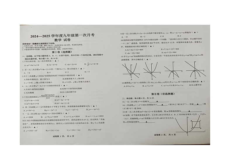 贵州省黔南布依族苗族自治州惠水县2024-2025学年九年级上学期10月月考数学试题01