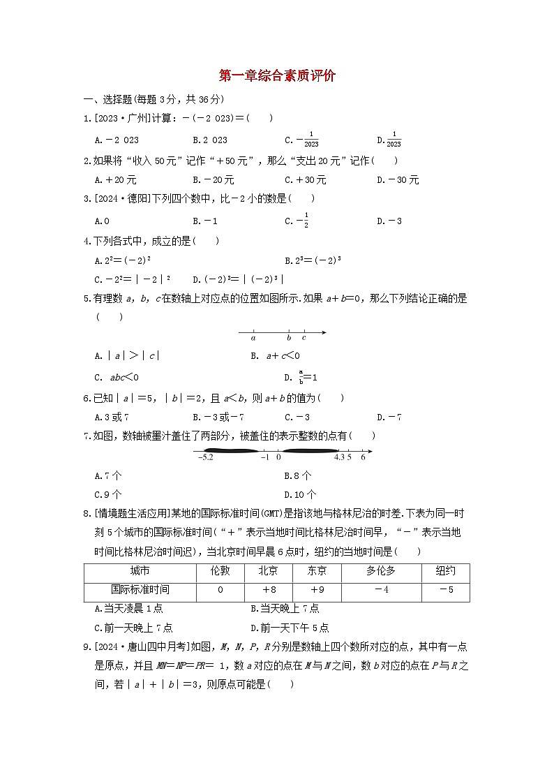 2024七年级数学上册第一章有理数综合素质评价试卷（附答案冀教版）第1页