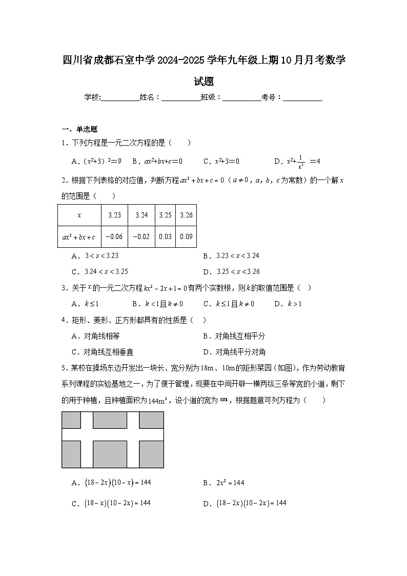 四川省成都石室中学2024-2025学年九年级上期10月月考数学试题01