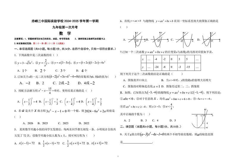 内蒙古自治区赤峰市松山区赤峰二中国际实验学校2024-2025学年九年级上学期第一次月考数学试卷第1页