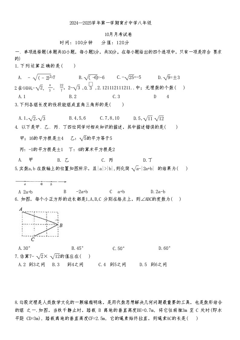 河南省郑州经济技术开发区育才中学2024-2025学年八年级上学期第一次月考数学试卷第1页