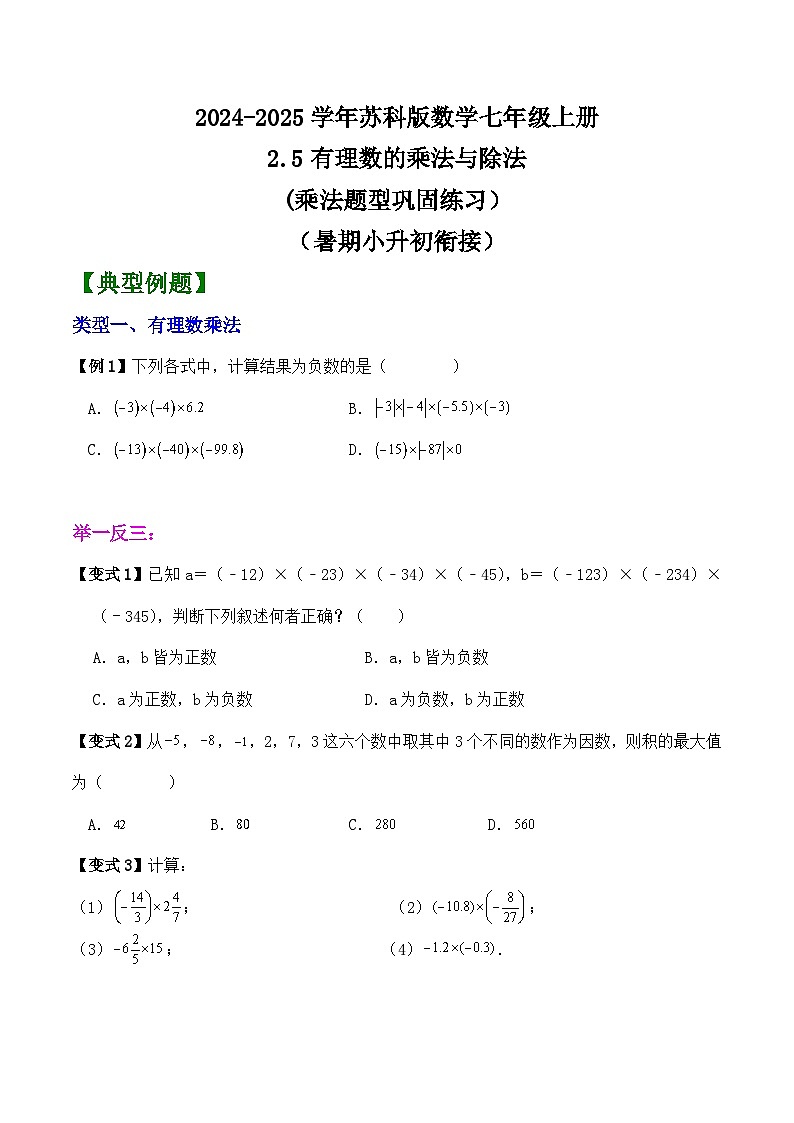 2.5有理数的乘法与除法(乘法题型巩固练习）（暑期小升初衔接）2024-2025学年苏科版数学七年级上册第1页