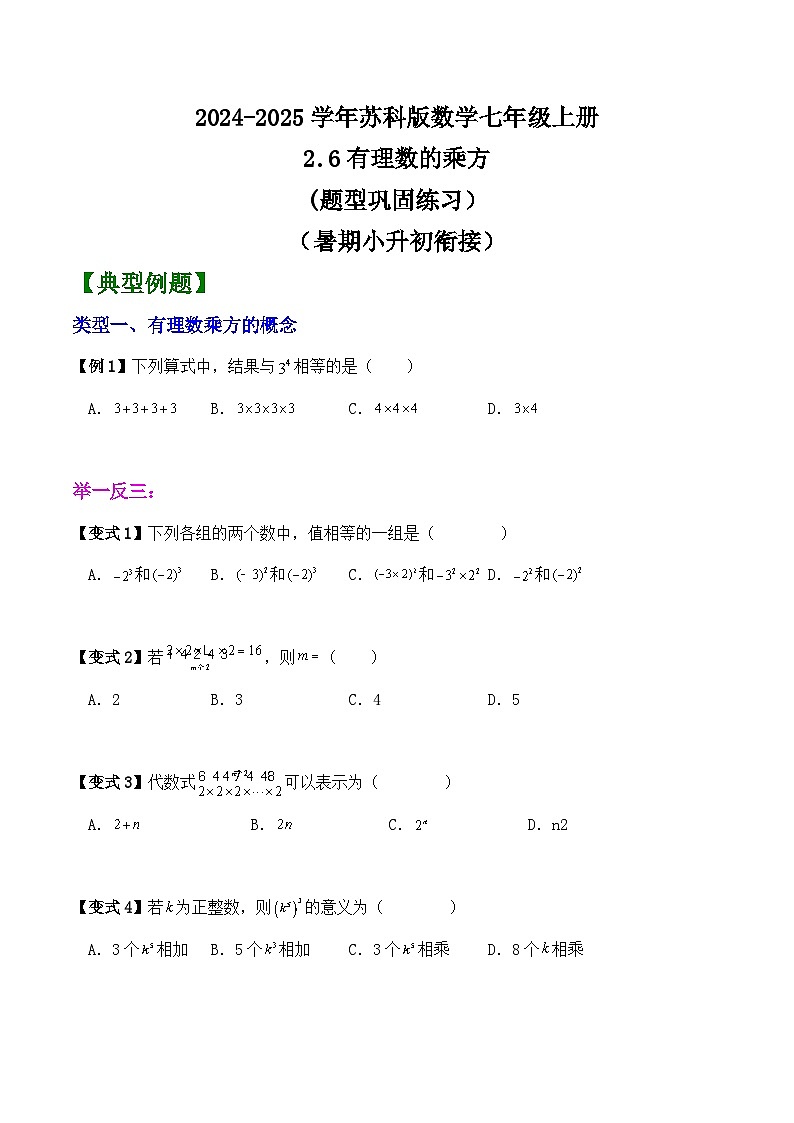 2.6 有理数的乘方 （暑期小升初衔接）同步练习  -2024-2025学年苏科版数学七年级上册第1页